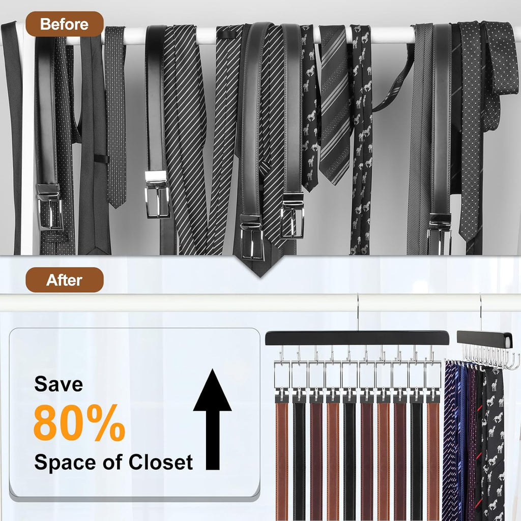 20 Hooks 2 in 1 Belt Tie Hanger for Closet Max 30 Belts with 30 Ties Capacity, Belt Tie Racks Wooden Hanger for