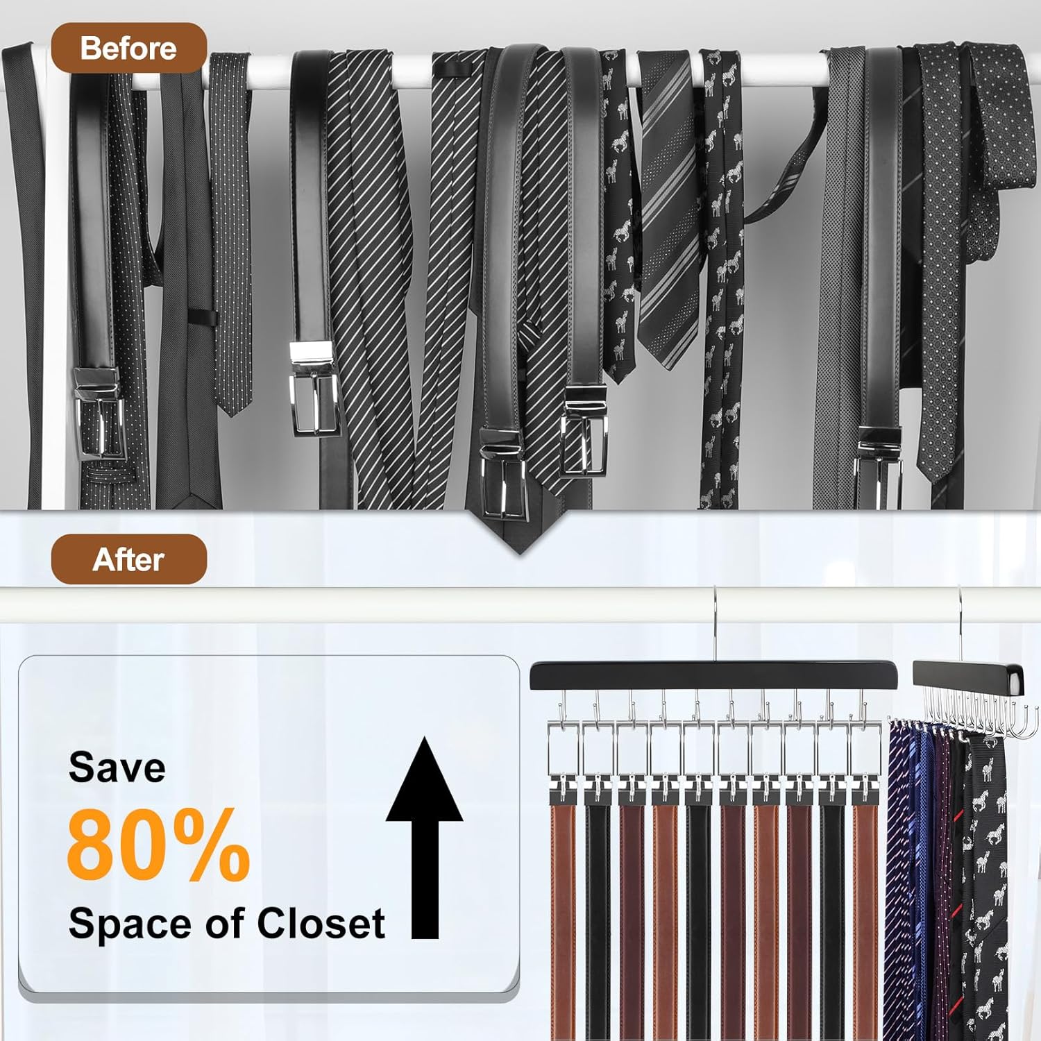 20 Hooks 2 in 1 Belt Tie Hanger for Closet Max 30 Belts with 30 Ties Capacity, Belt Tie Racks Wooden Hanger for