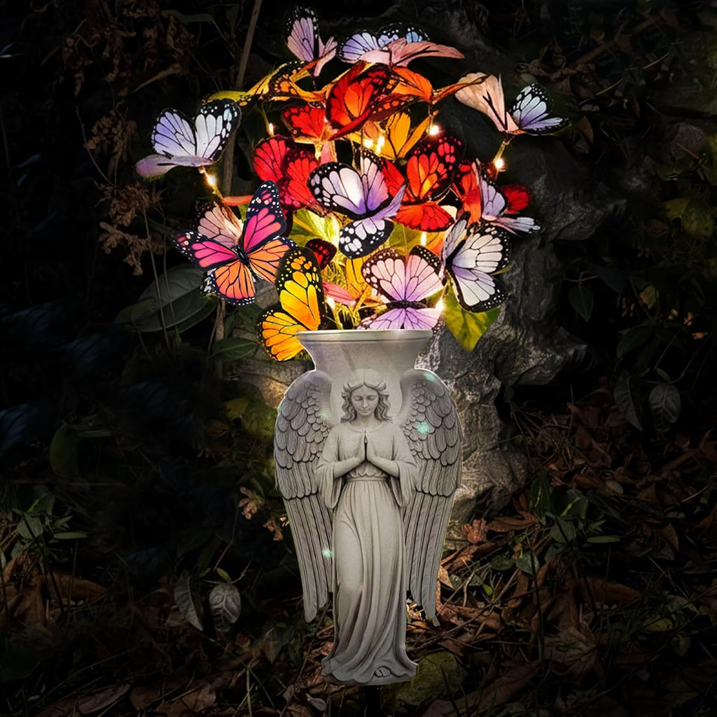 Solar Angel Grave Decorations - Metal Silhouette Memorial Stake with Butterfly Lights, Flat Garden Decor for