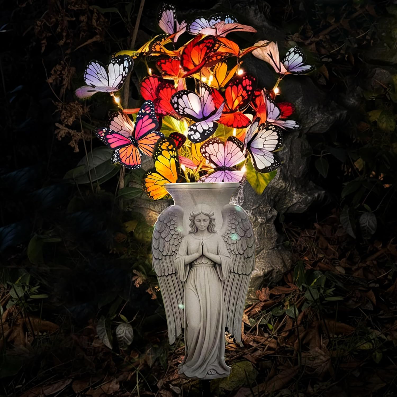 Solar Angel Grave Decorations - Metal Silhouette Memorial Stake with Butterfly Lights, Flat Garden Decor for