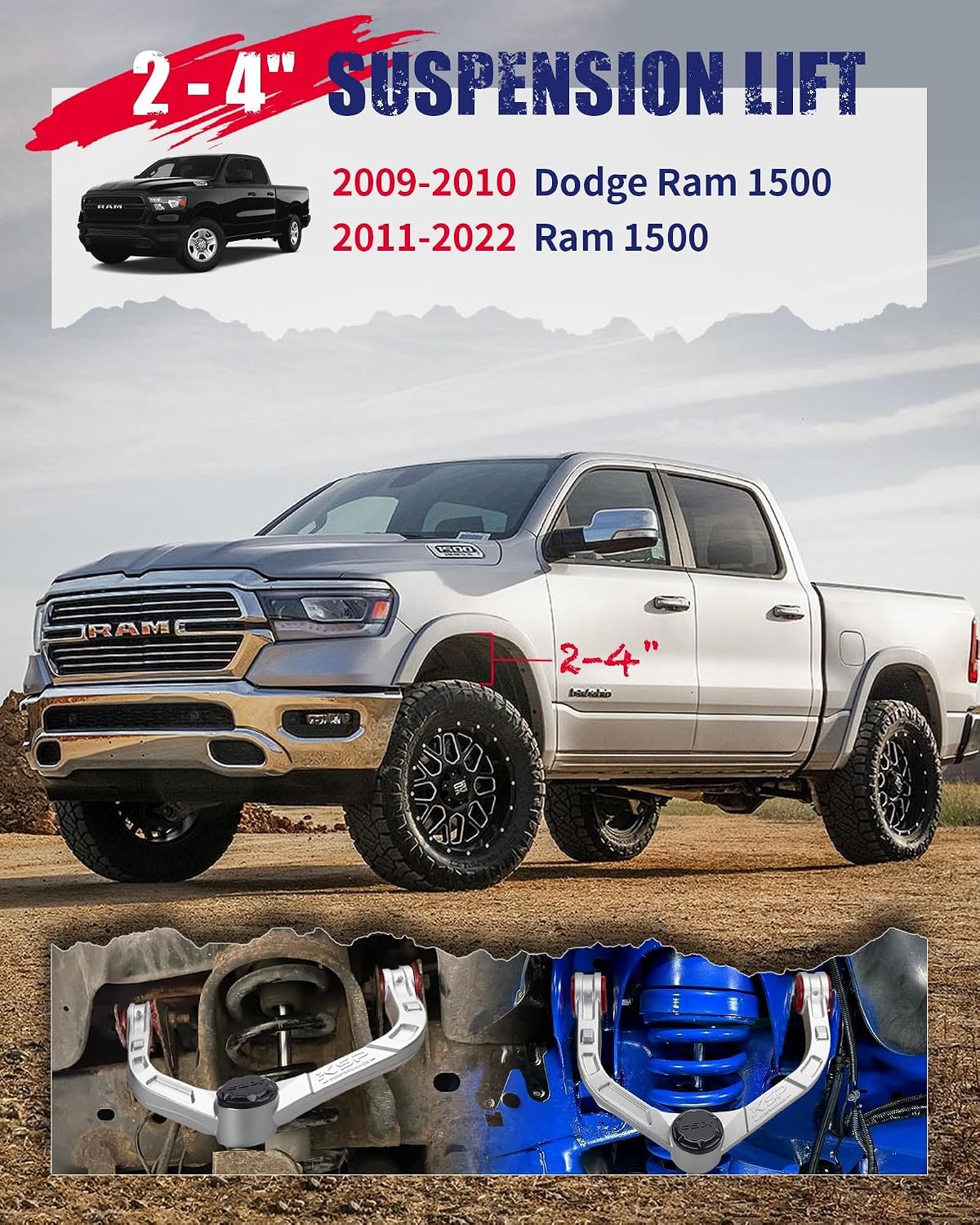 KSP 2-4" Ram 1500 Forged Upper Control Arms, Adjustable Aluminum Front UCA Fit Dodge Ram 1500 2009-2022, 2pcs One-piece Design Silver Aftermarket Control Arms With Greasable Ball Joint