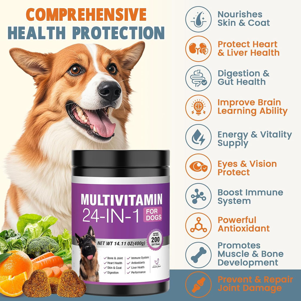 24-in-1 Dog Vitamins and Supplements 200 Ct Dogs Multivitamin Chewable Contain Chondroitin Probiotics Omega-3