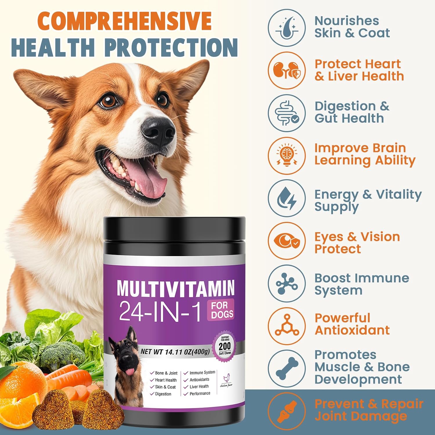 24-in-1 Dog Vitamins and Supplements 200 Ct Dogs Multivitamin Chewable Contain Chondroitin Probiotics Omega-3