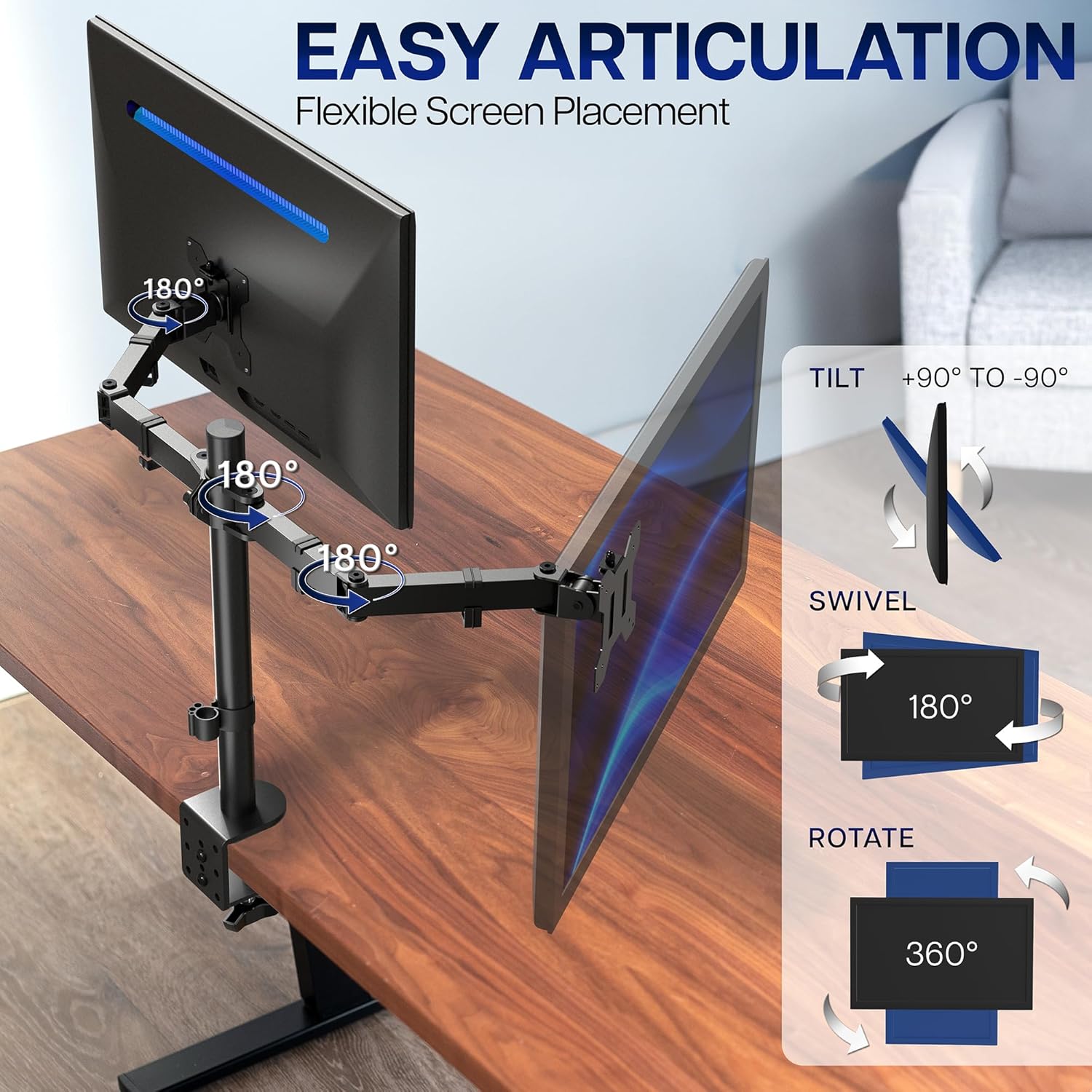 Dual Monitor Desk Mount, Holds 2 Computer Screens up to 30 inches and 22lbs Each, Heavy Duty Fully Adjustable Steel