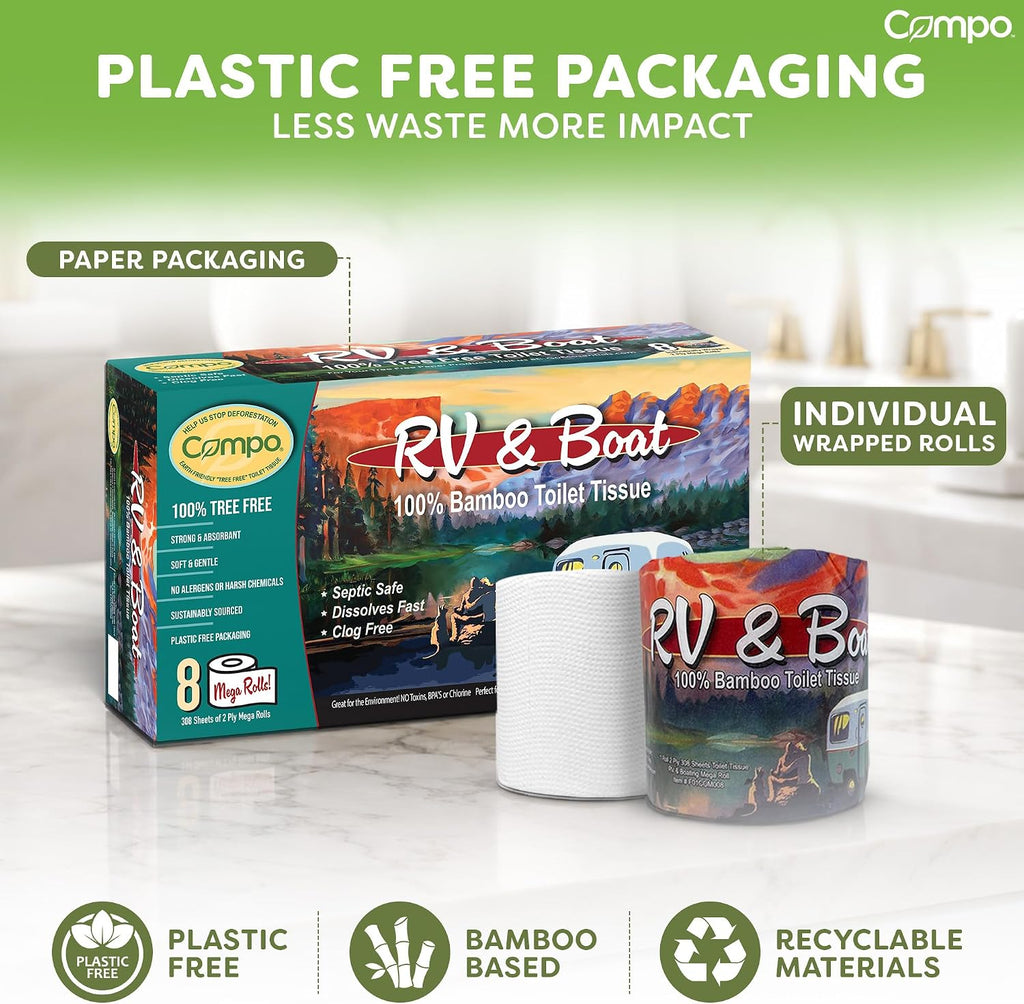 100% Bamboo, Rapid Disolving RV & Boat Toilet Paper, 8 Compact Roll