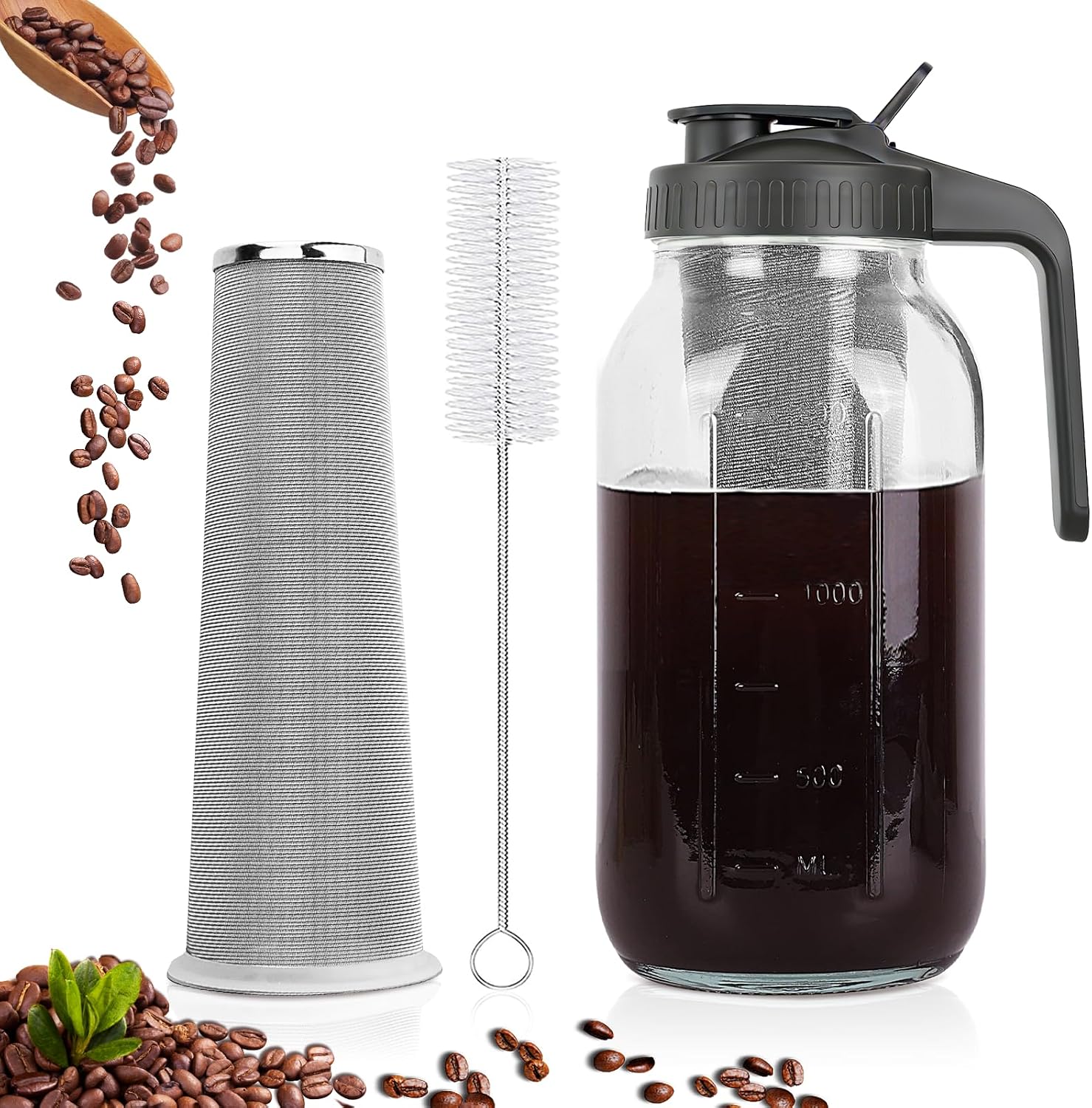 Cold Brew Coffee Maker,64 oz Mason Jar Pitcher with Stainless Steel Filter, Pour Spout Handle Lid, Heavy Duty Glass