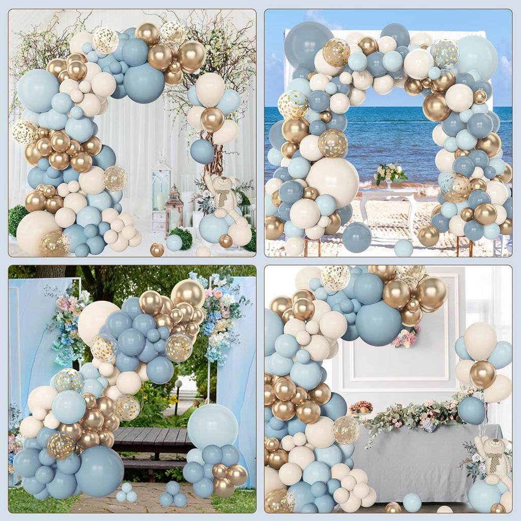 153pcs Dusty Blue Balloon Garland Arch Kit, Different Sizes 18 12 10 5 inch Blue White Sand Latex Metallic Confetti