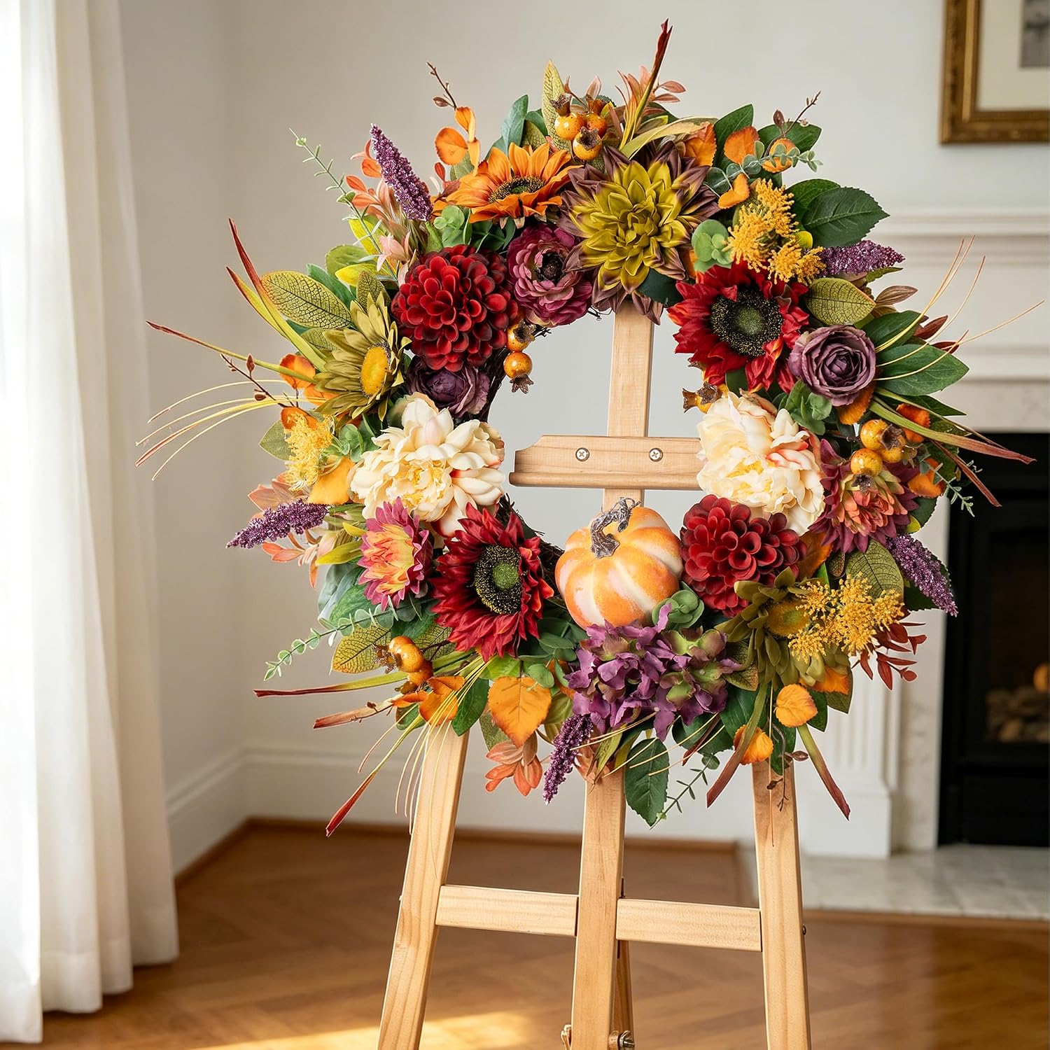 24 Inch Fall Wreaths for Front Door, Autumn Farmhouse Harvest Wreath | Fall Door Wreath with Sunflowers, Peony