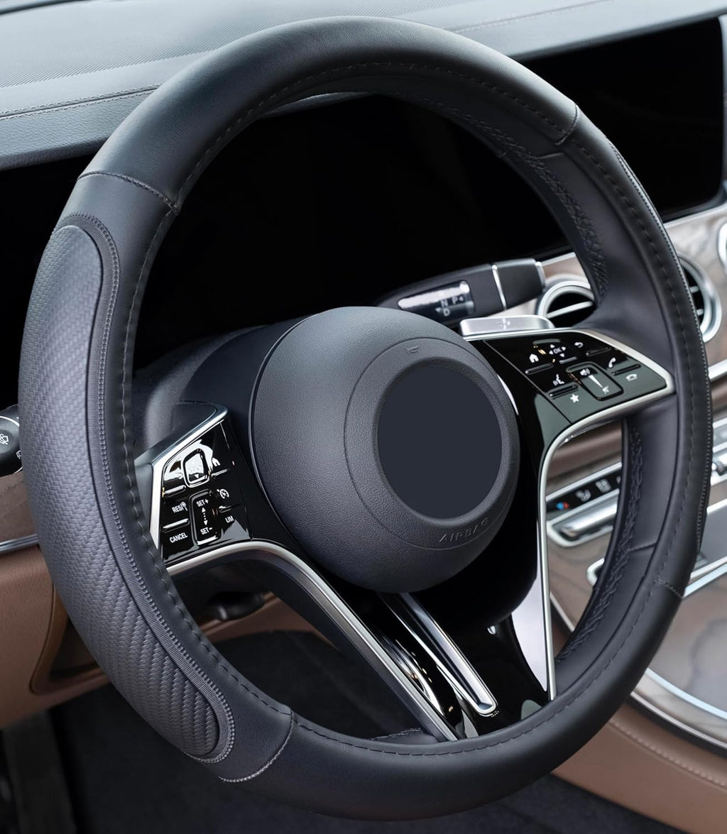Microfiber Leather Steering Wheel Cover – Black. Heat Resistant Anti-Slip Car Wheel Wrap - Compatible with Most Makes