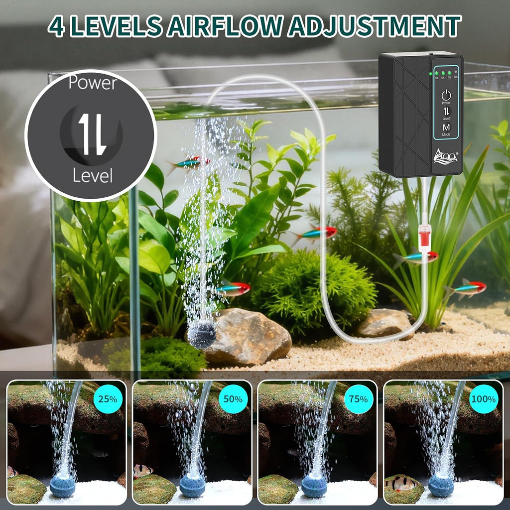 30GPH USB Rechargeable Aquarium Air Pump, Silent Flow Oxygen Aerator