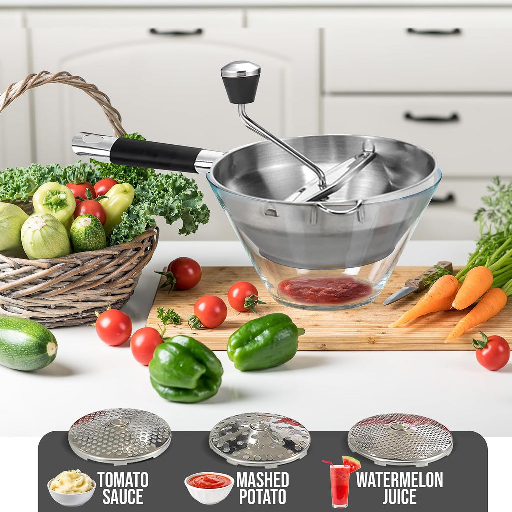 Premium Stainless Steel Food Mill - Effortless Pureeing, Straining & Milling for Soups, Sauces, Baby Food, and More –