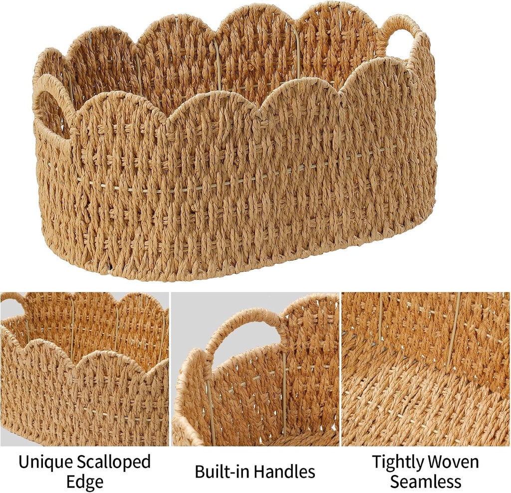 Paper Rope Scalloped Basket Set of 2,Woven Storage Baskets for Shelves,Laundry,Towels,Clothes,Books,Toys,Cute Decor