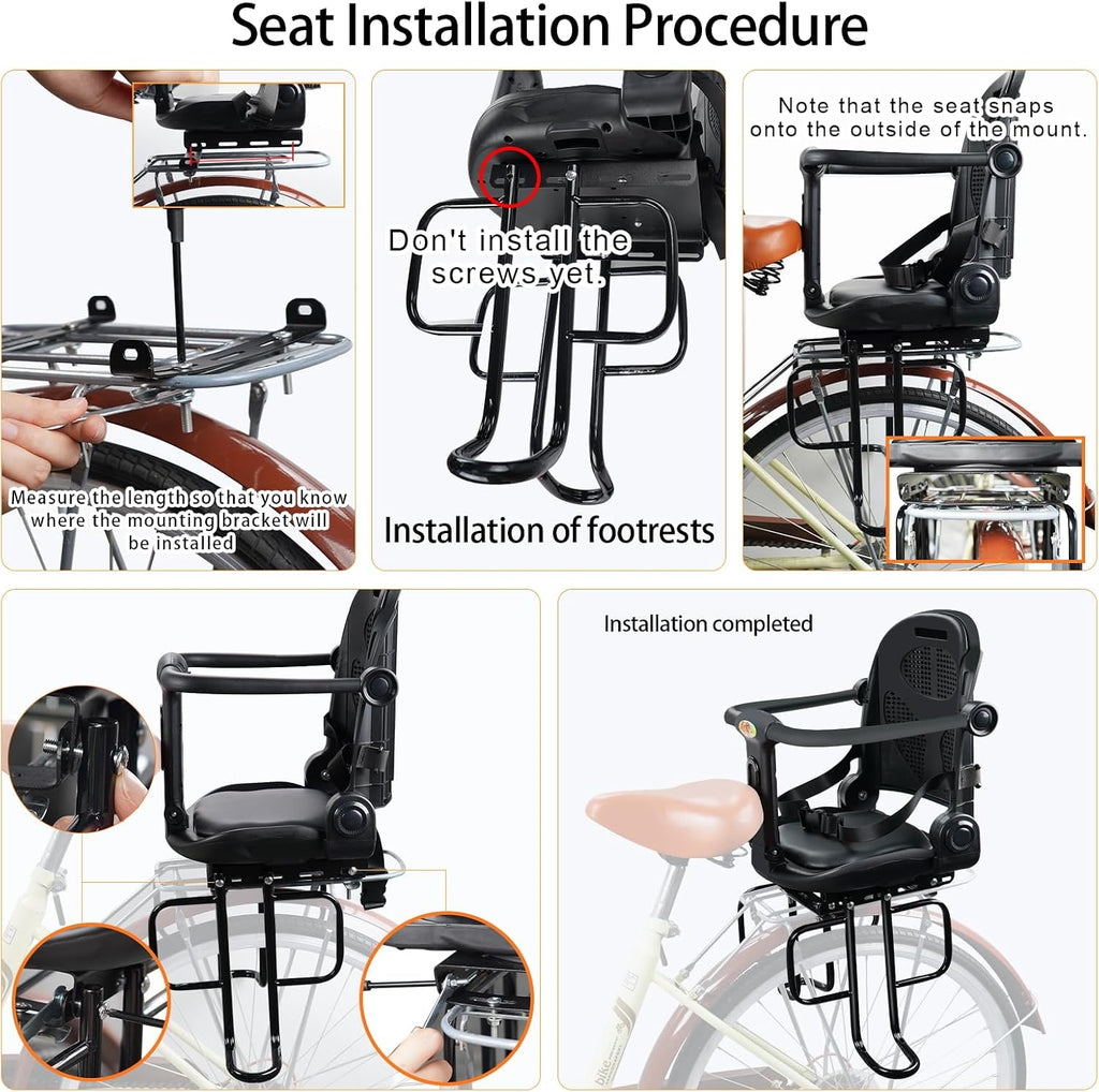 Rear Child Bike Seat, Rear Wraparound Kid Bike Seat Adjustable Backrest Arc Height with Harness and Pedals, Toddler