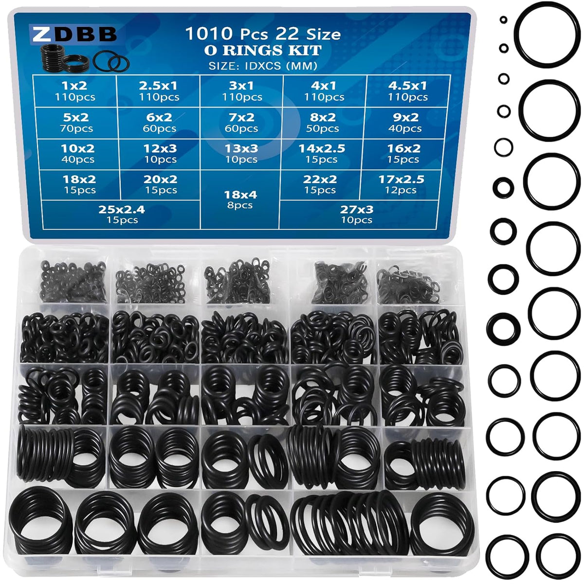 ZDBB 1010 Pcs Rubber O Rings Kit 22 Size Universal O-Ring Assortment Set