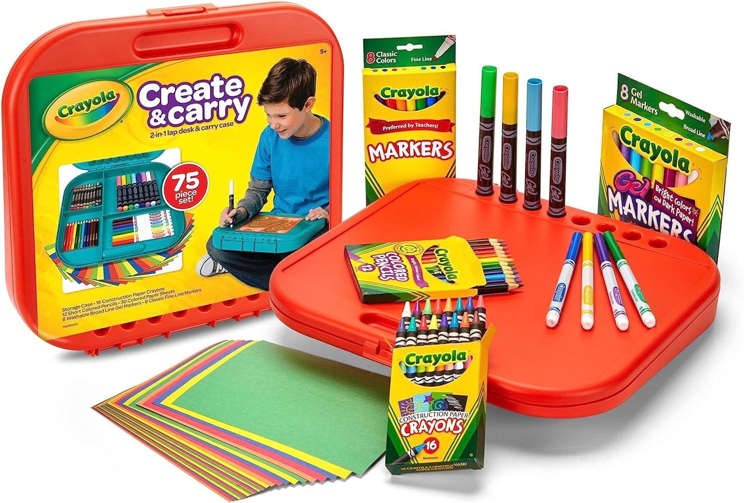 Create 'N Carry Travel Art Set for Kids (75pcs), 2-in-1 Lap Desk & Carrying Case, Essential Art Supplies Kit, Spring