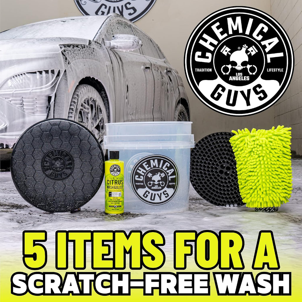 Ultimate Car Wash Bucket Kit, Dirt Trap, Mitt, Soap & Lid | Grit guard sinks debris to the bottom so it stays off