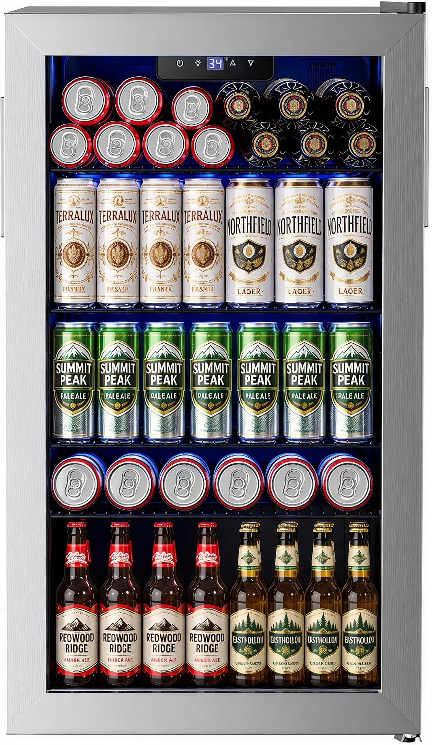 126 Can Beverage Refrigerator, Glass Door Mini Fridge, 3.2 Cu.Ft