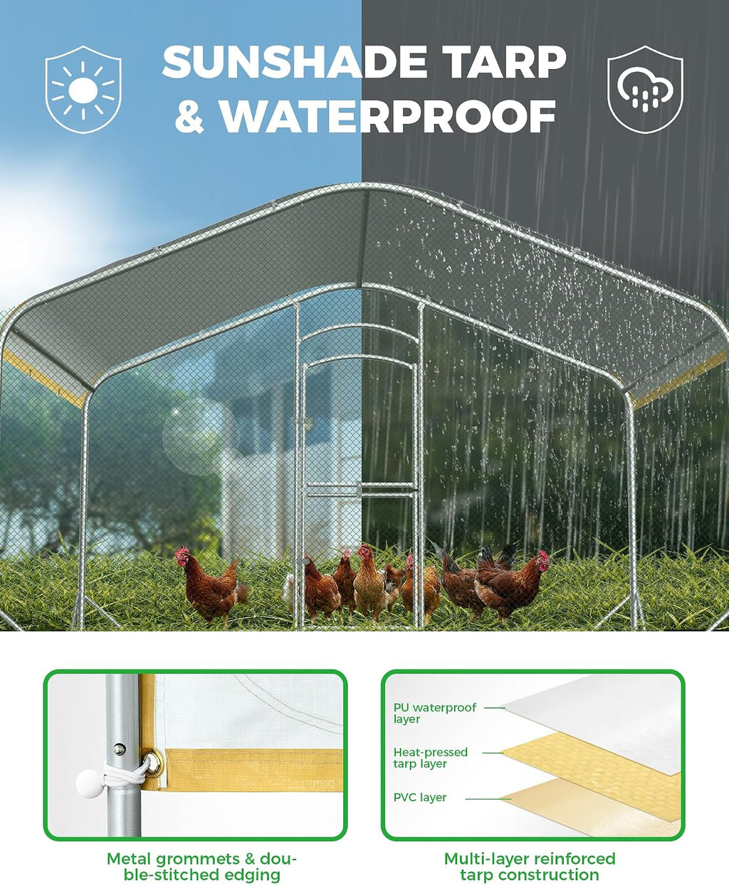 Large Metal Chicken Coop with Run, 12.6FT Walk-in Chicken Run for Yard with Waterproof & Anti-UV Cover, Spire Roof