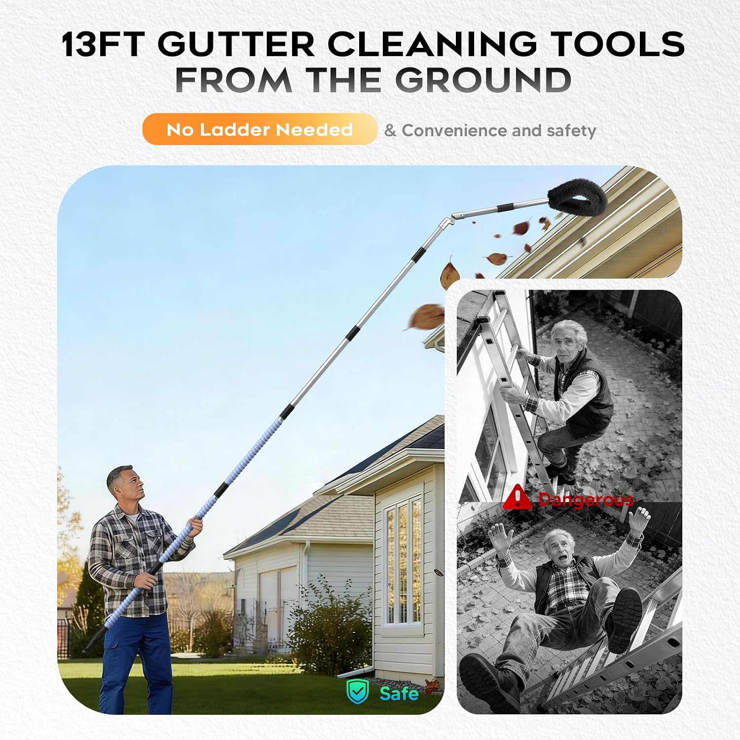 13ft Gutter Cleaning Tools From the Ground, No Ladder Needed, 3-in-1 Gutter Cleaner Pole with Replaceable Brush Rake