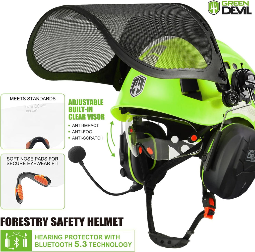 Forestry Chainsaw Safety Helmet with Bluetooth Ear Muffs Arborist Helmet Hard Hat with Built-in Visor Mesh Face