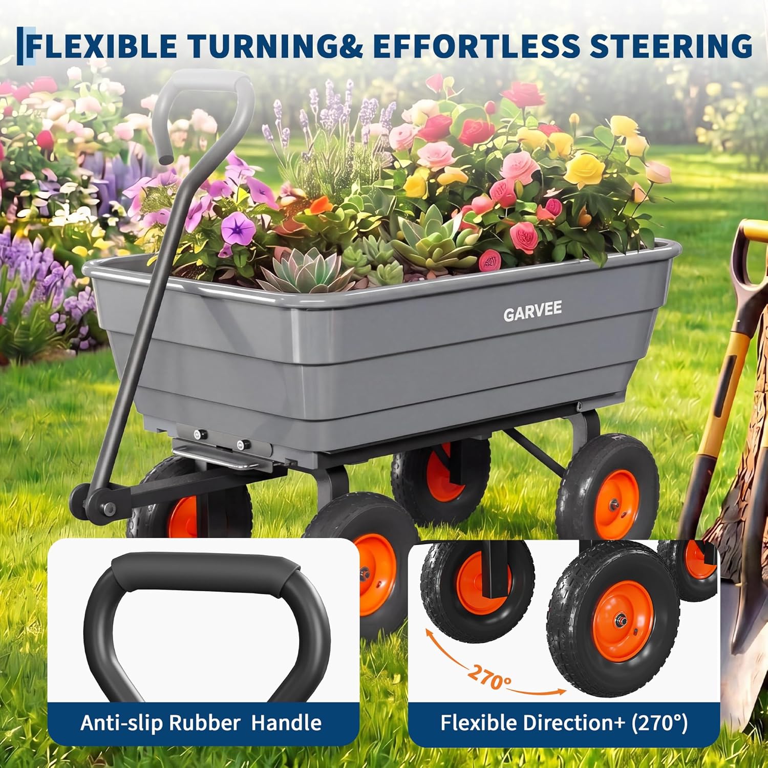 Poly Garden Dump Cart, 600 lb Wheelbarrow Yard Cart with 10 in Wheels, Quick-Dump & Towable Utility Wagon for Yard
