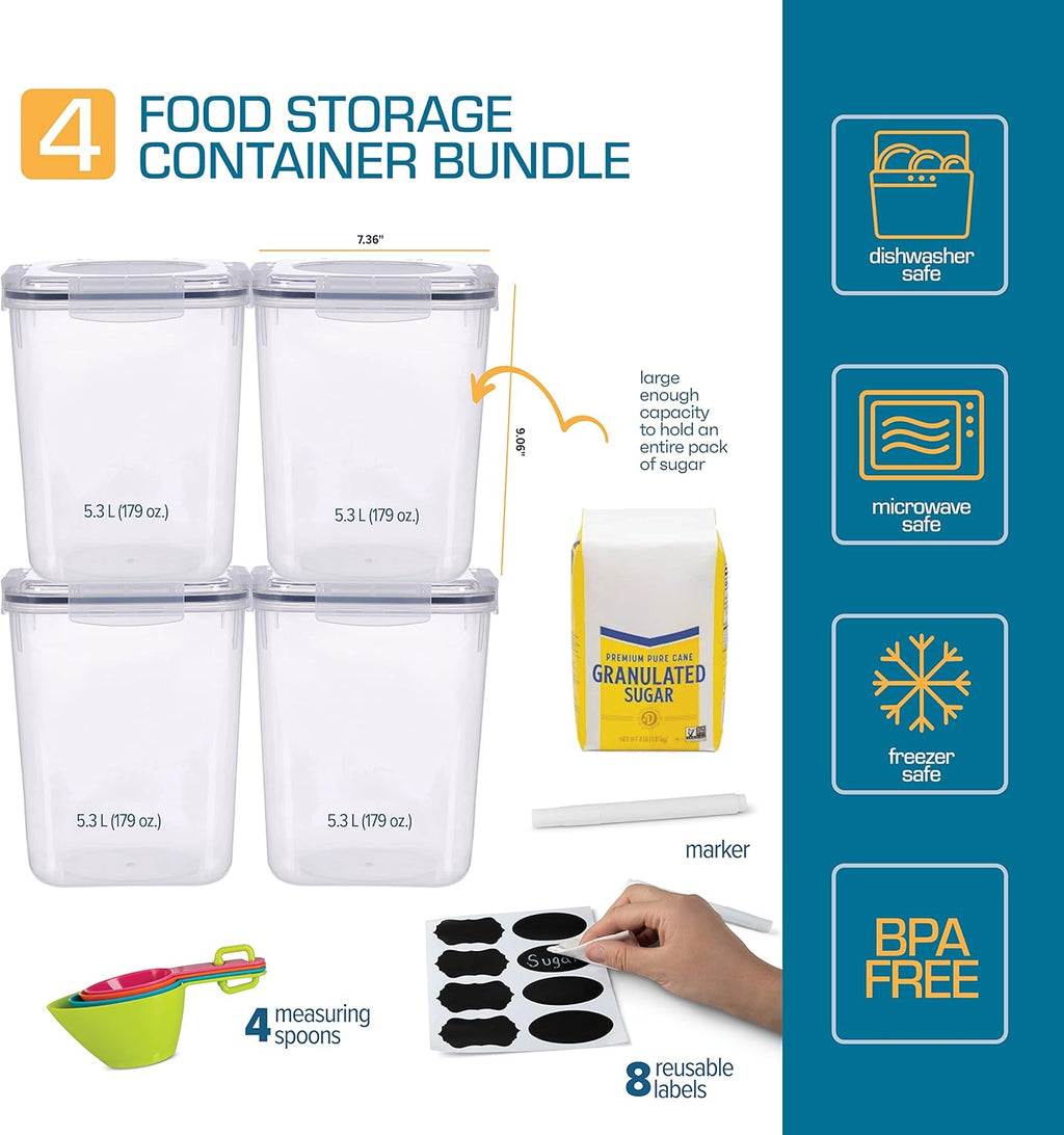 Flour Sugar Storage Containers (5.3L/4pk) Great Rice Canisters Sets For The Kitchen pantry, Large Food Storage