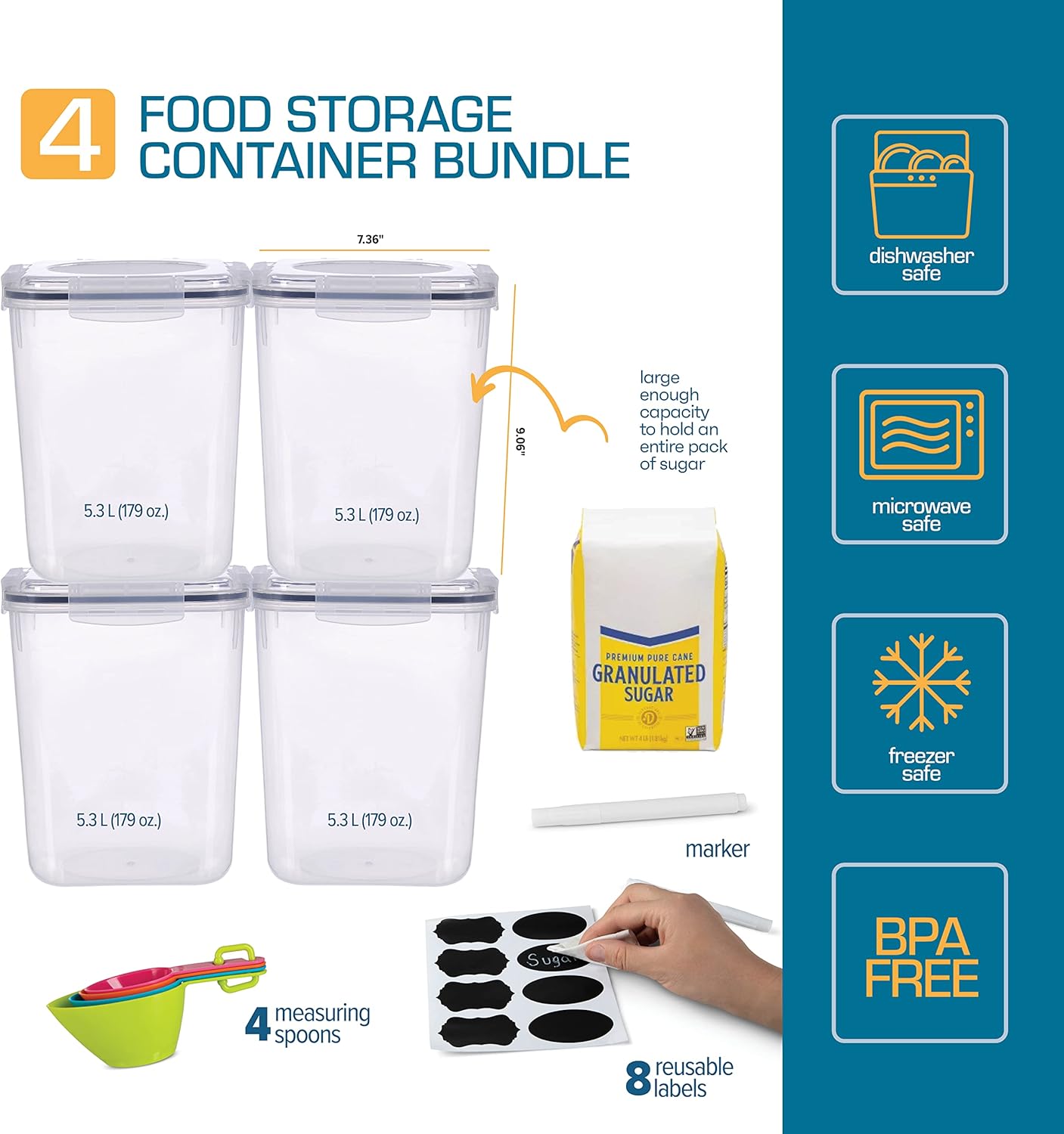 Flour Sugar Storage Containers (5.3L/4pk) Great Rice Canisters Sets For The Kitchen pantry, Large Food Storage