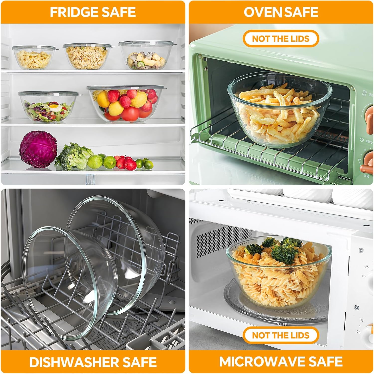Glass Mixing Bowls with Lids Set of 5(4.78QT,2.2QT,1.7QT,1.1QT,0.85QT),Thick Glass Nesting Bowls for Kitchen