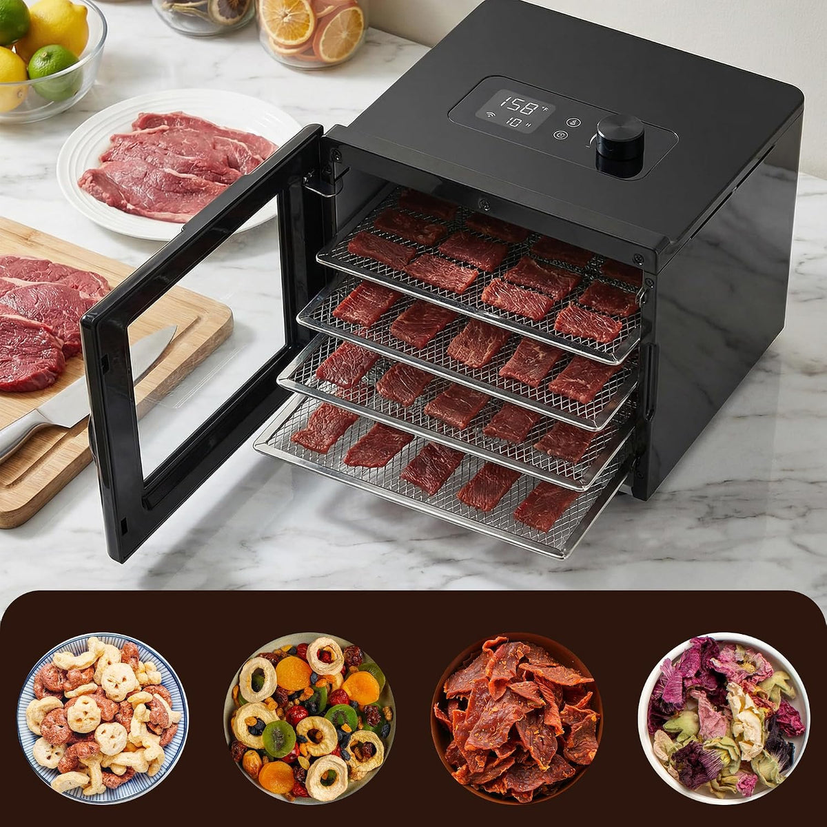 Food Dehydrator, Stainless Steel Trays, Adjustable Temp
