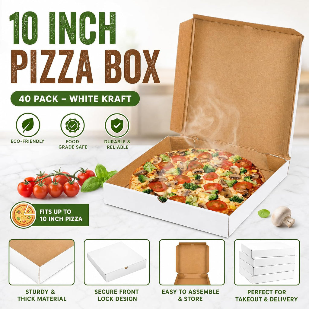 40 Pack Pizza Box 10"×10", White Pizza Box, Grease-Resistant Corrugated Pizza Boxes, Take Out Food Containers Packing