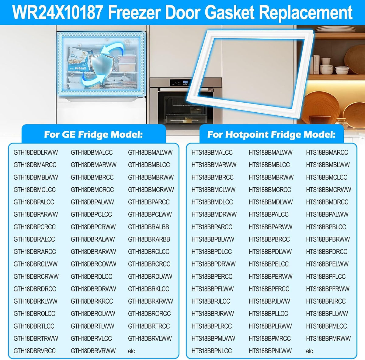 Upgraded WR24X10187 Freezer Door Gasket Compatible with GE Freezer Door Seal Replacement Parts WR24X10068 WR24X10095 Refrigerator Door Gasket AP3861331 PS1018948 Hotpoint Freezer Seal Replacement