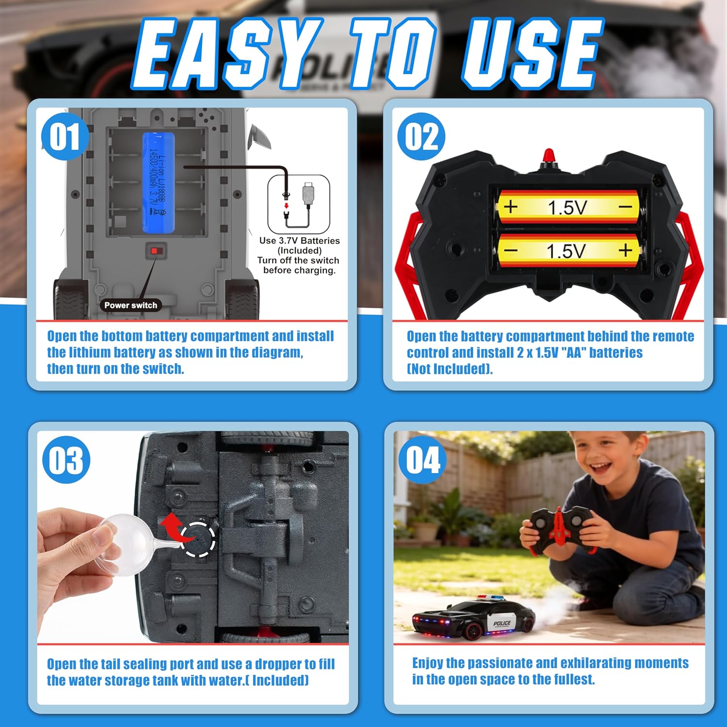 Police Car Toy, Remote Control Police Car with LED Strobe Lights & Blaring Police Siren & Smoke Effect, Remote