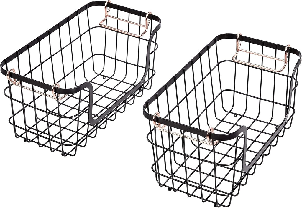 Stackable Metal Wire Rectangular Storage Baskets for Kitchen, Bathroom or Pantry Organizing, 2 Count, Black