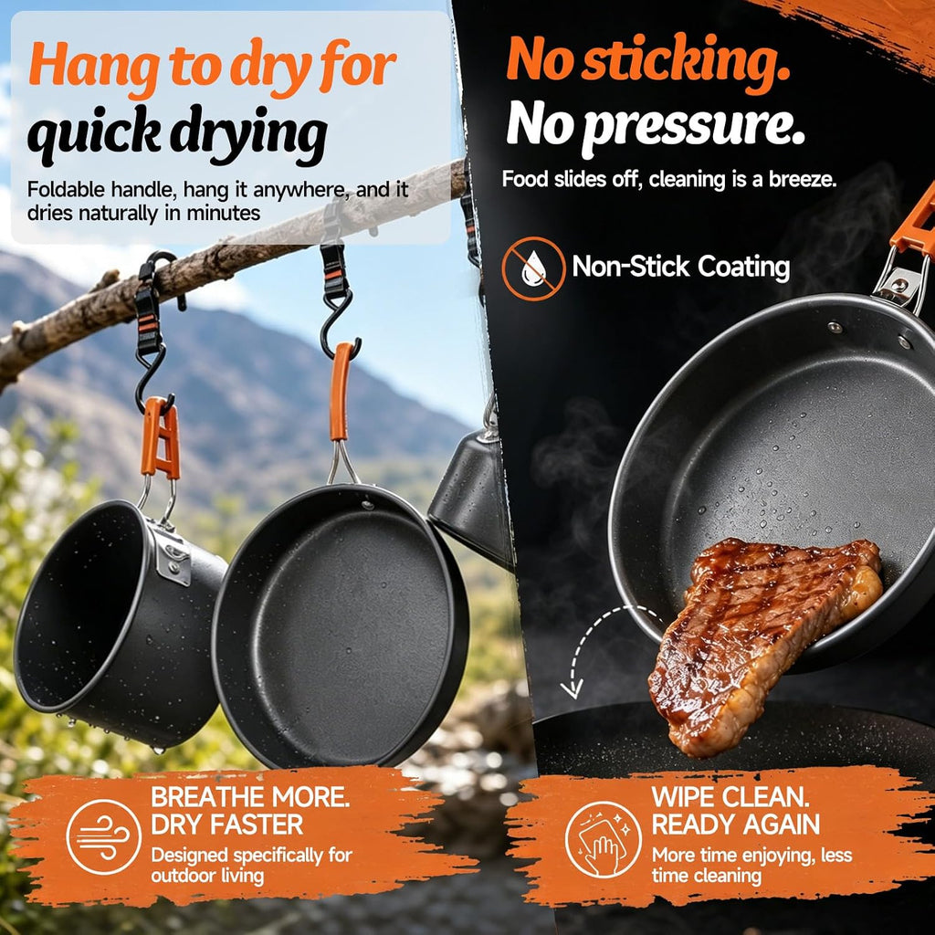 Camping Cookware, 10-Piece Non-Stick Foldable Mess Kit with Kettle | Crafted from durable anodized aluminum;