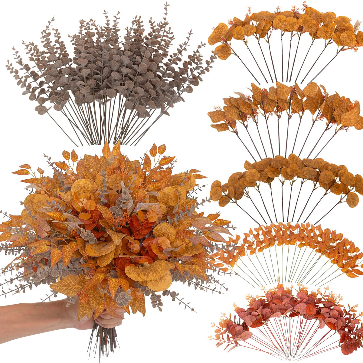 260 Pcs Fall Mixed Greenery Artificial Eucalyptus Stems, Orange