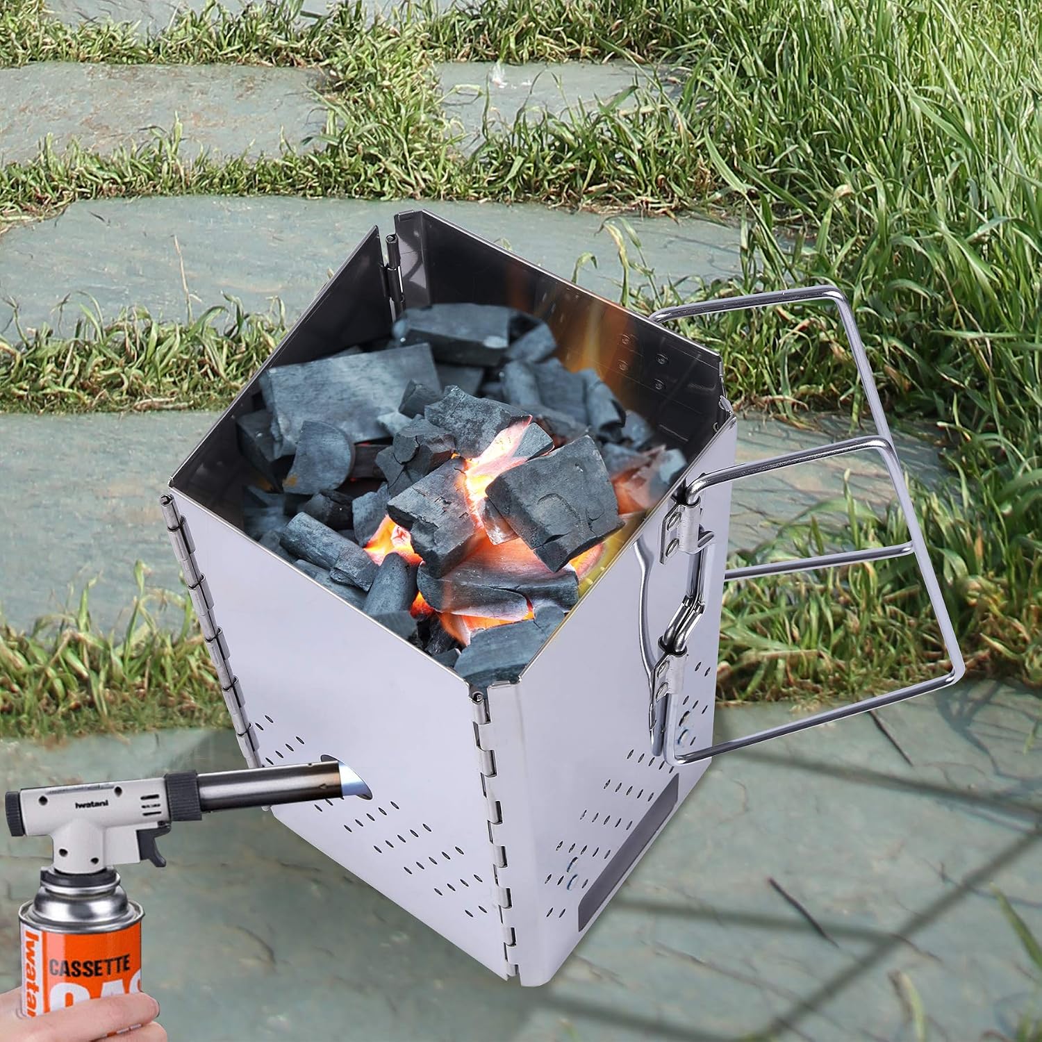 Quick Ignition Foldable Charcoal Chimney Starter, BBQ Charcoal Grill Starter and Wood Stove for Outdoor Lawn, Patio &