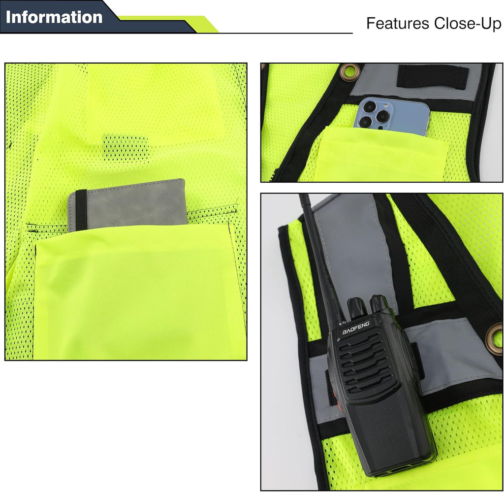 Class 2 High Visibility Reflective Safety Vests Women & Men | With 15 Pockets And Zipper Front,Meets Ansi/Isea Standards