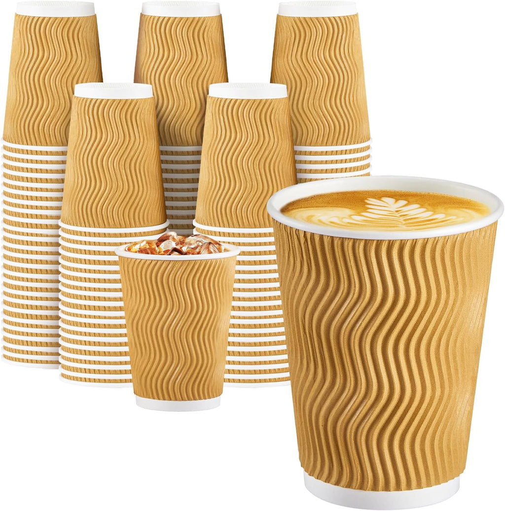 150 Pack 12 oz Disposable Coffee Cups, Insulated Corrugated Paper Cups