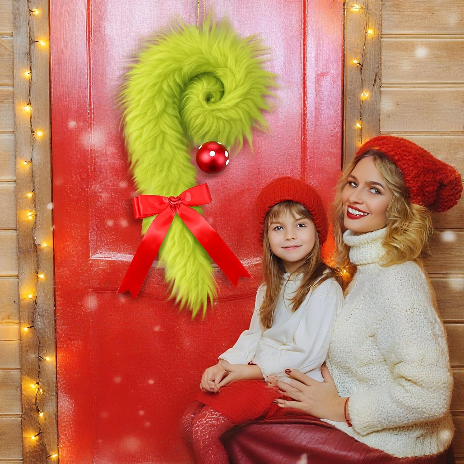 Christmas Candy Cane Wreath Hangers for Front Door Lime Green Furry Hanging Decor Christmas Door Sign Bow Decorations