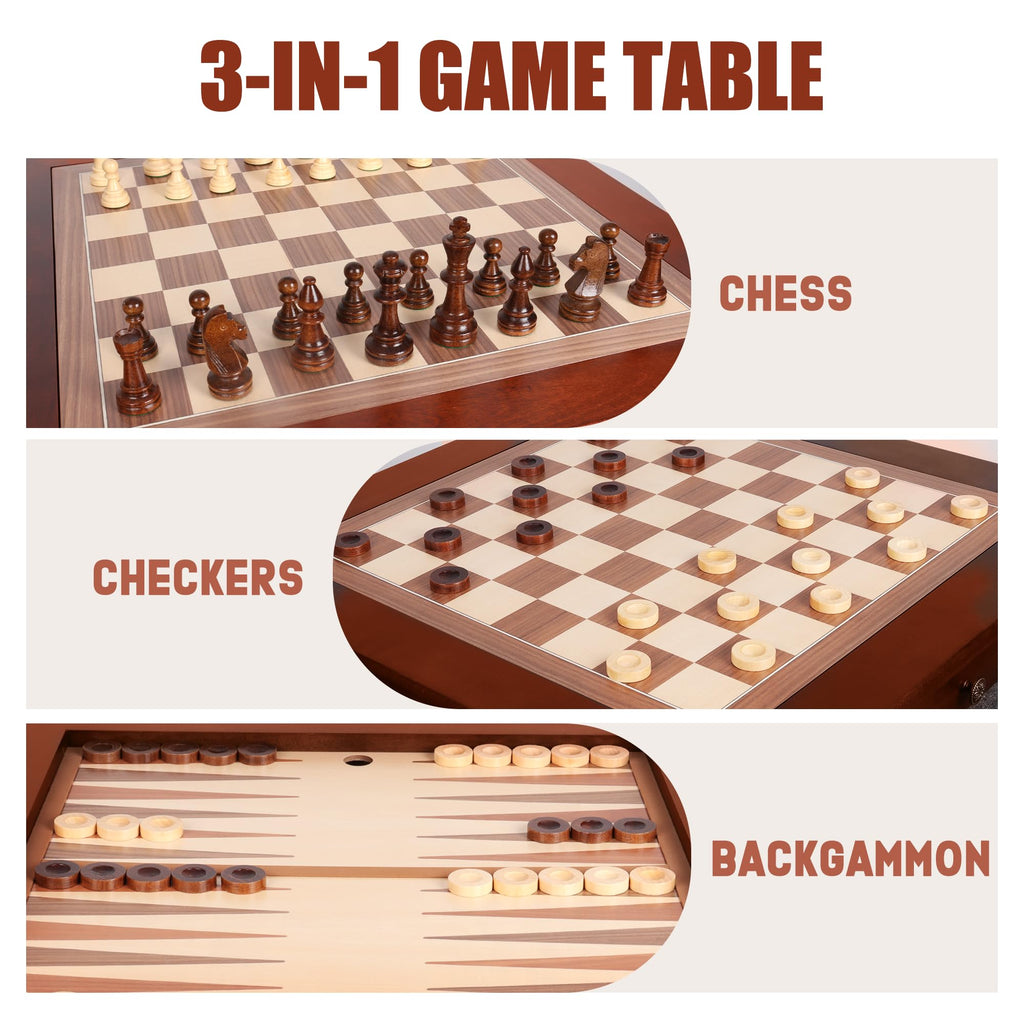 GSE Deluxe 3-in-1 Chess Checkers Backgammon Game Table Set with Game Pieces