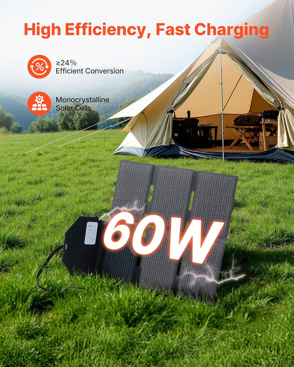 60W Foldable Solar Panel Charger, 16BB N-Type Monocrystalline Solar Panel 24% Efficiency, Lightweight Portable with