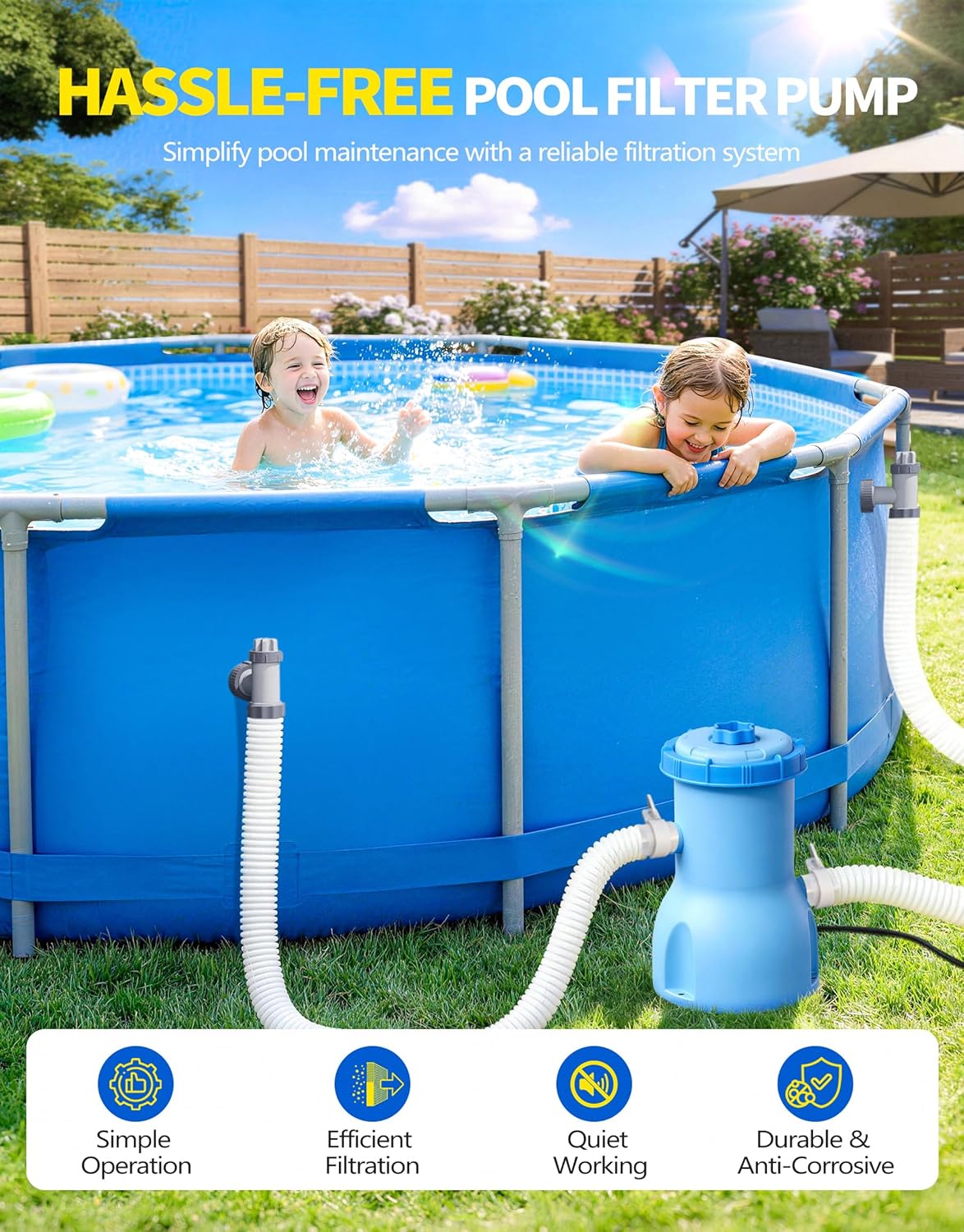 Standard Series Above Ground Pool Filter Pump - 800 GPH Flow Rate | Rapid Circulation & Micro-Debris Filtration, Pool