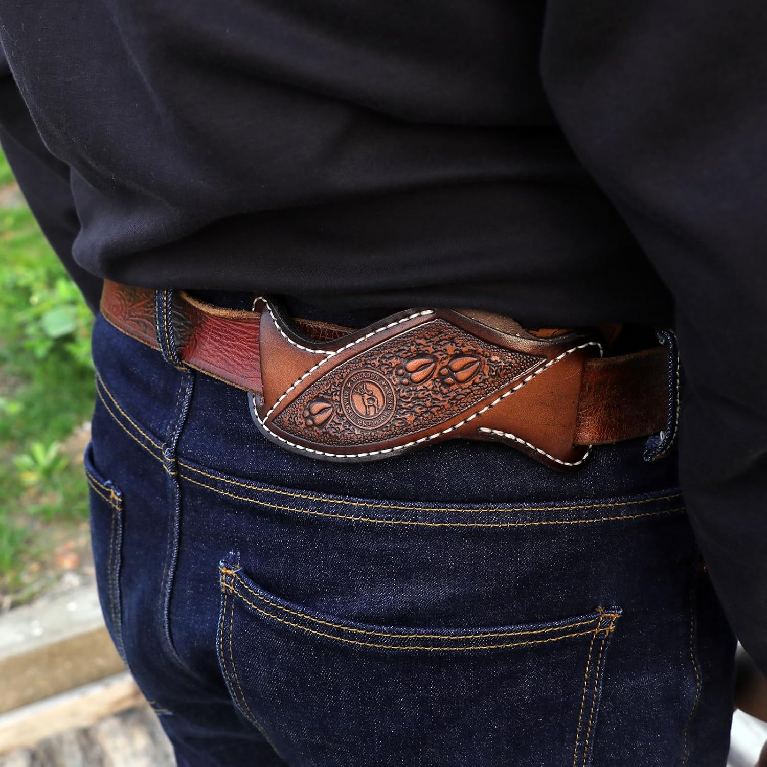 Leather Knife Sheath -Horizontal Pancake Belt Fixed Folding Knives Holster | Right Side Draw,Angled Design,Fits 1.5"