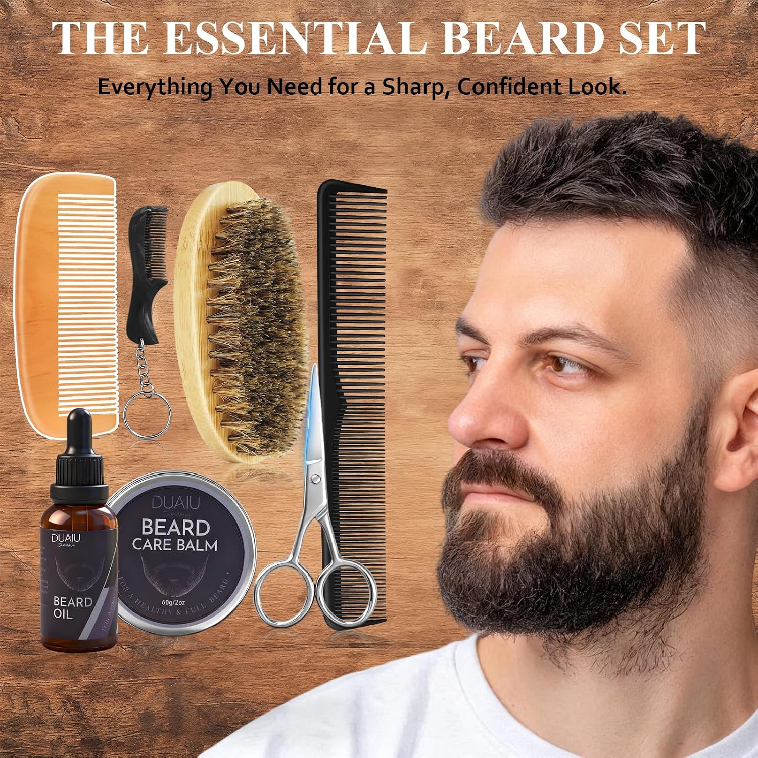 Beard Grooming Kit for Men Care, Beard Oil & Beard Balm, Boar Bristles Brush, Multi-Comb and Scissors for Beard and