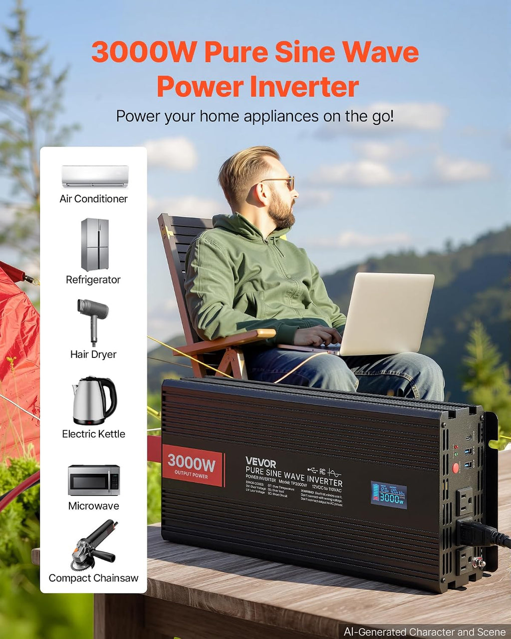 Pure Sine Wave Inverter 3000 Watts 12V DC to 120V AC Power Inverter | with 3 AC, 2 USB, Type-C, LCD Screen and Remote