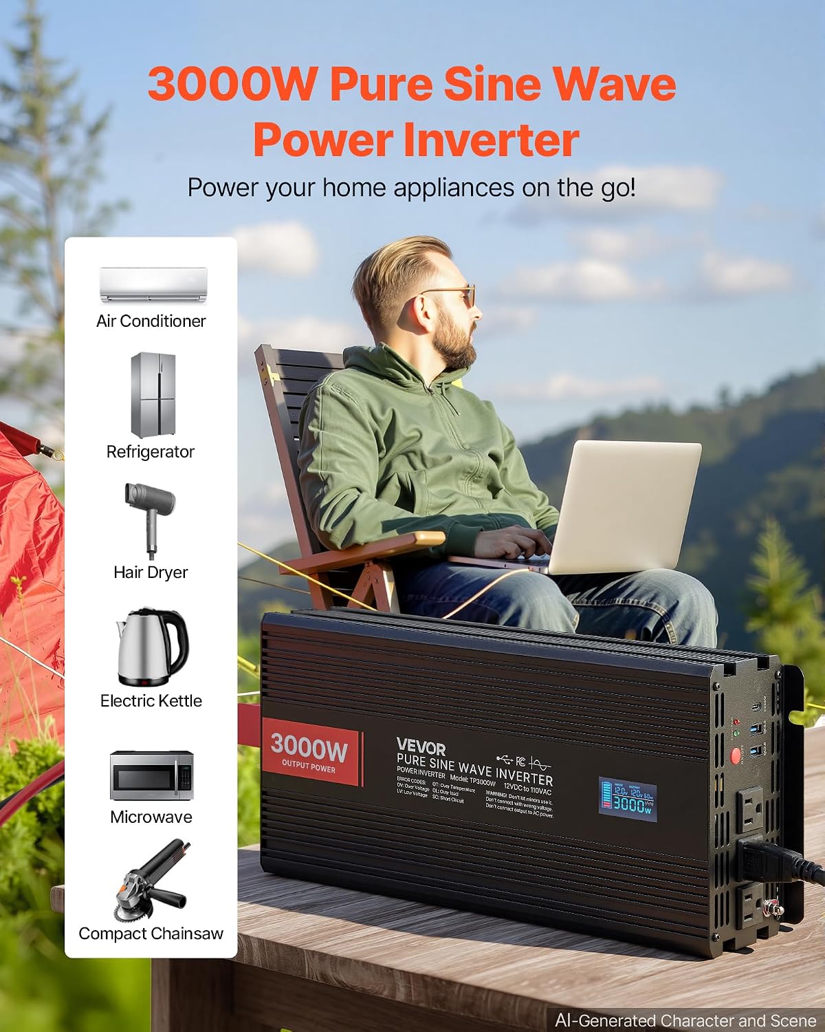 Pure Sine Wave Inverter 3000 Watts 12V DC to 120V AC Power Inverter | with 3 AC, 2 USB, Type-C, LCD Screen and Remote
