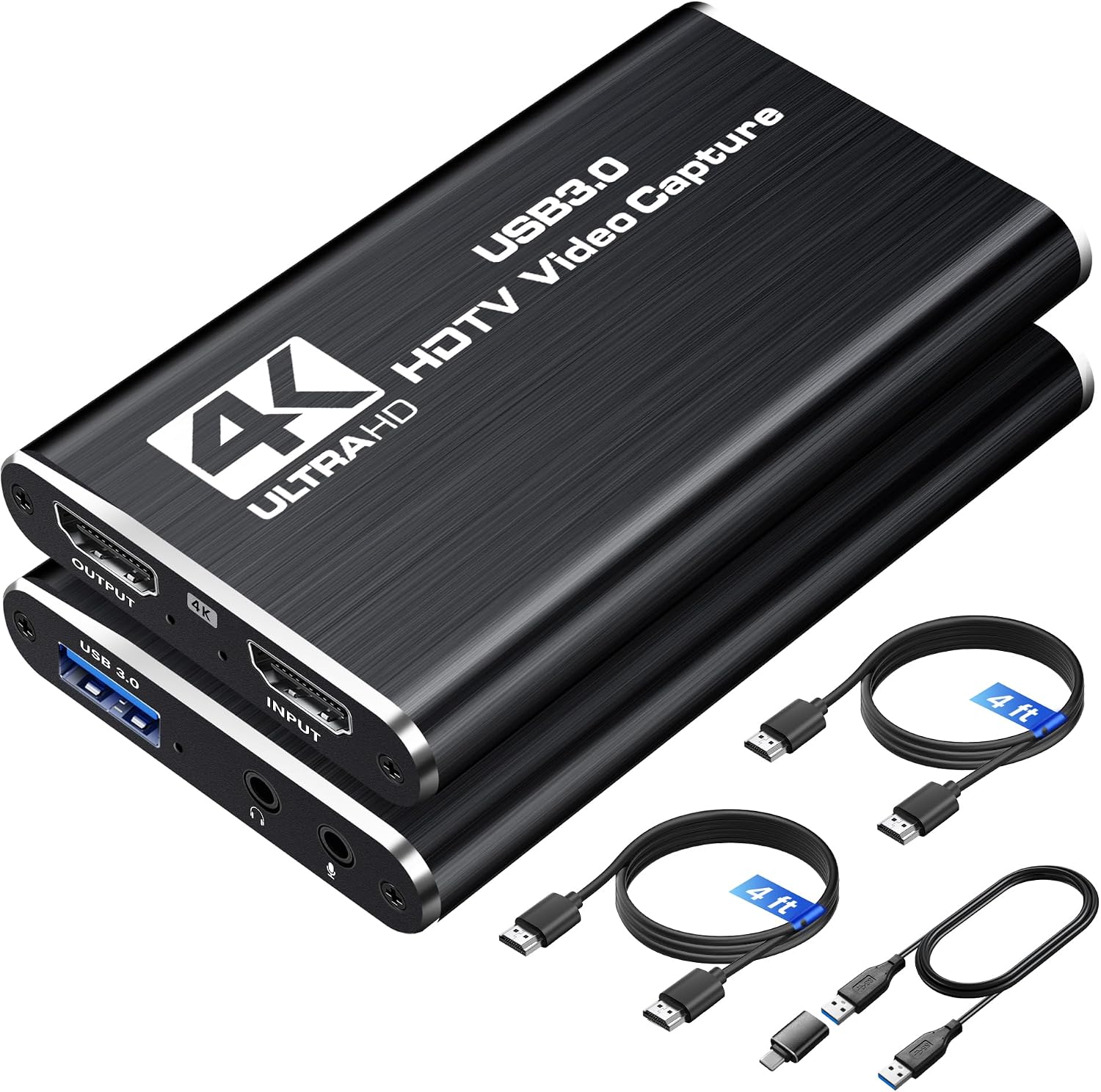 4K HDMI Capture Card for Streaming, USB 3.0/Type-C Game Video Capture Card | Includes 2pcs HDMI Cables & USB Cable
