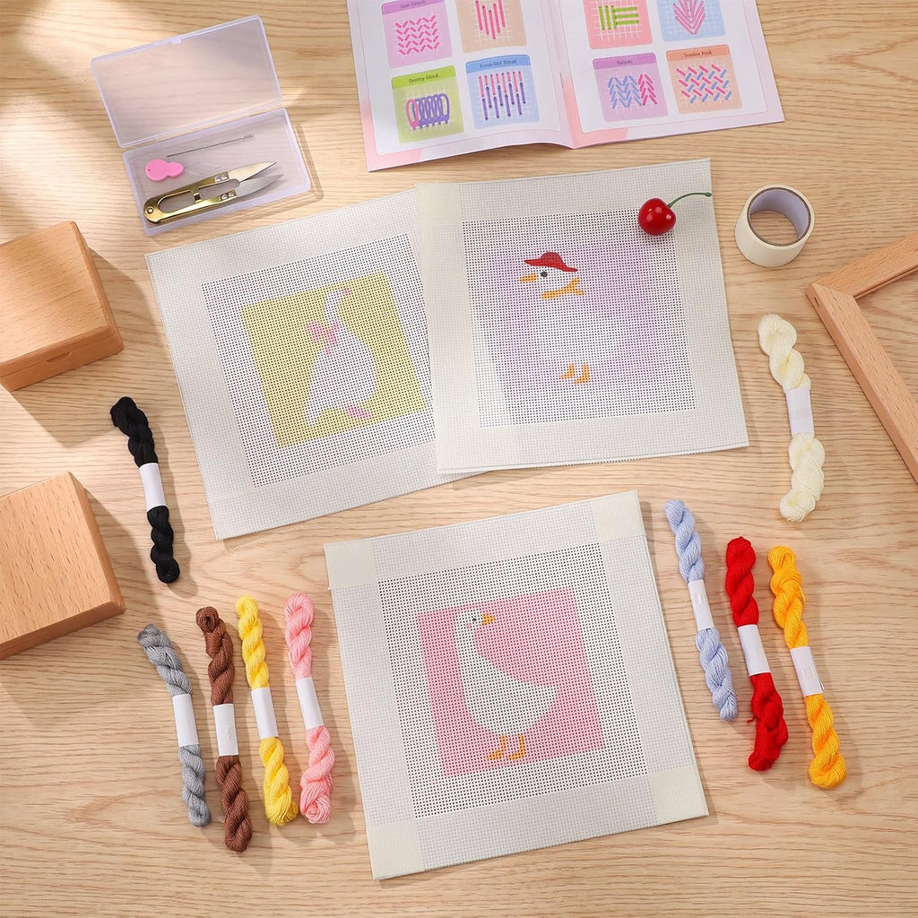 3 Pcs Goose Needlepoint Canvas Kit for Adult 13ct 8" x 8" Pre Goose Printed Canvas with Thread Needle Tape Scissor