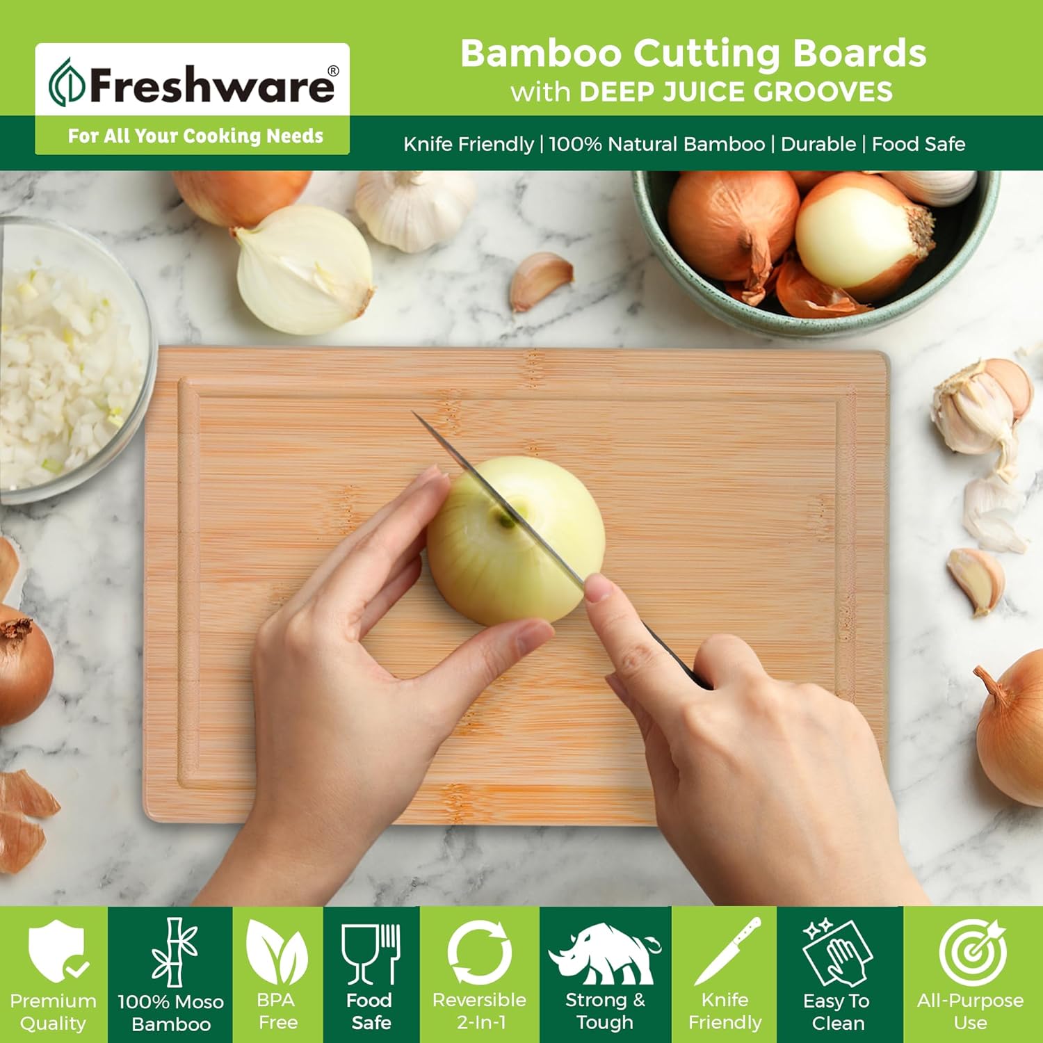 Wood Cutting Boards for Kitchen - Bamboo Cutting Board Set of 3, Cutting Boards with Juice Grooves, Serving Board
