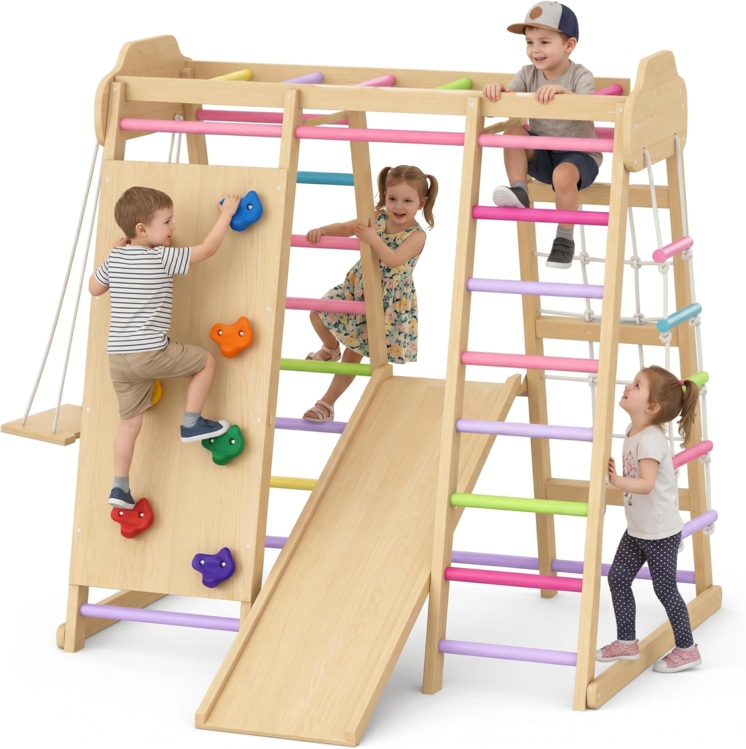 9-in-1 Indoor Playground for Toddlers, Montessori Wooden Jungle Gym Kids Climbing Indoor with Slide, Swing, Monkey